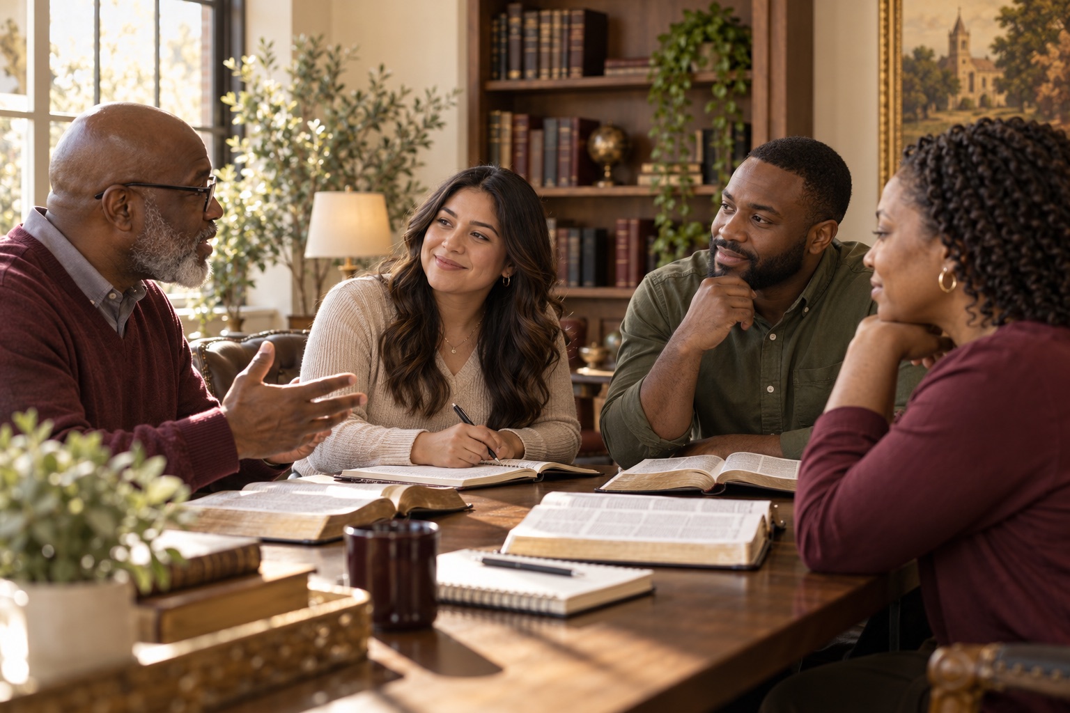 Illustration of adult learners discussing Scripture together
