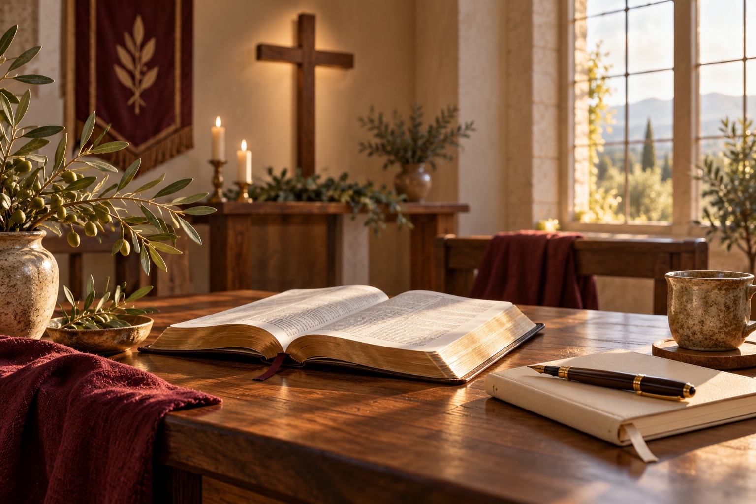 Bible and journal in a quiet chapel setting