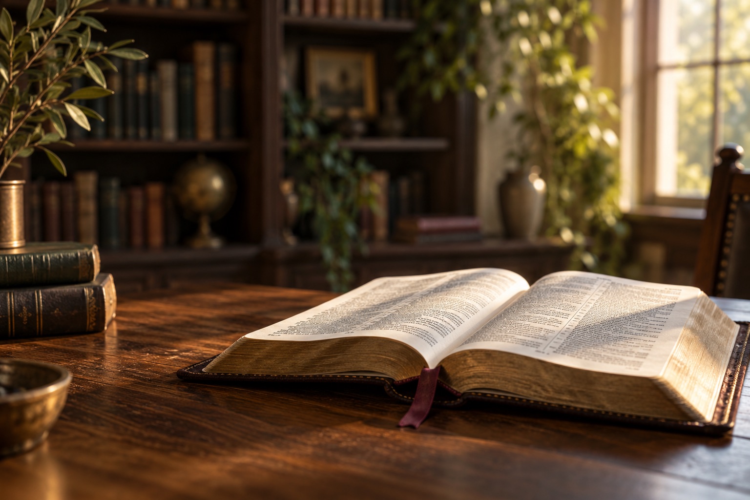 An open Bible in warm library light